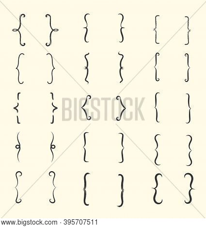 Brackets Vintage Curly Typography Icon. Hand Drawn Simple Brackets Set. Black Hooks. Doodle, Vintage