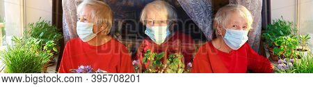 The Covid-19, Health, Safety And Pandemic Concept - Senior Old Lonely Woman Wearing Protective Medic