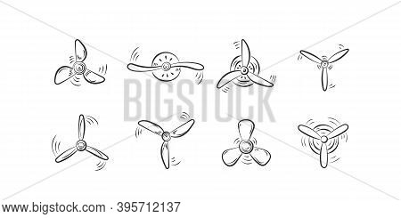 Set Of Propellers Plane. Hand Drawn Doodle. Fan, Propellers, Rotor Mover, Aircraft Propeller Icons, 