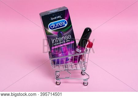 Kyiv, Ukraine - 28 June 2020: Durex Intense Orgasmic Gel On A Pink Background. Health And Safe Sex.