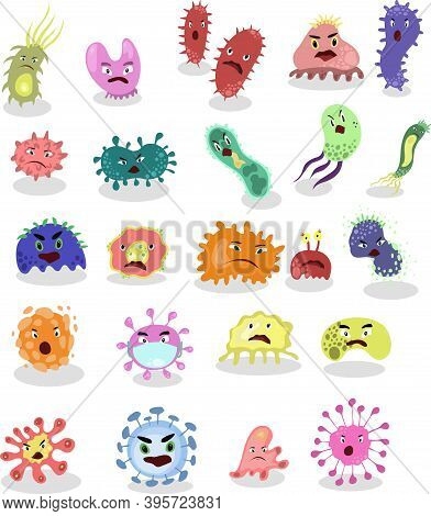 Cartoon Bacteria Collection Set. Bacteria, Superbug, Virus Icons Set