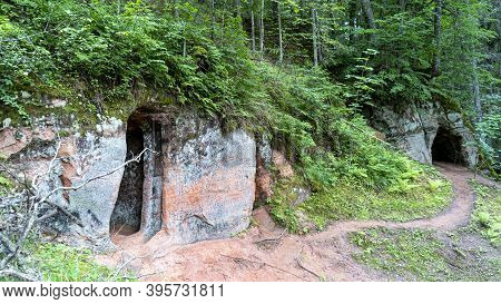 Anfabrika Rocks And Cellars In Ligatne Town An Old Floodgate Dam. Ancient Sandstone Caves And Ancien