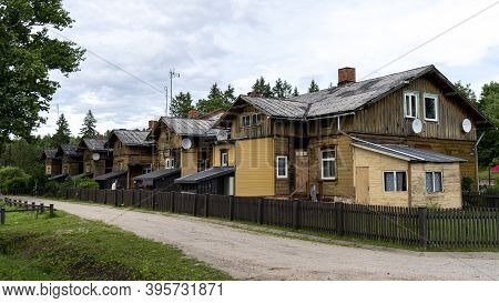 Old Wooden Houses Built For Paper Mill Workers In Ligatne. Wooden Row House