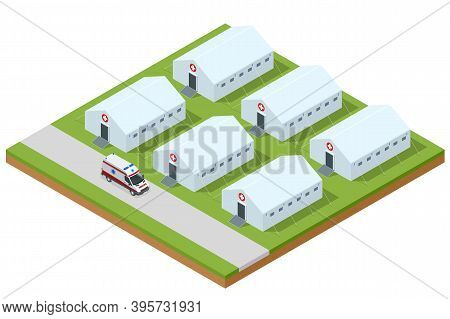 Isometric Hospital Field Tent For The First Aid And Ambulance, A Mobile Medical Unit For Patient Wit