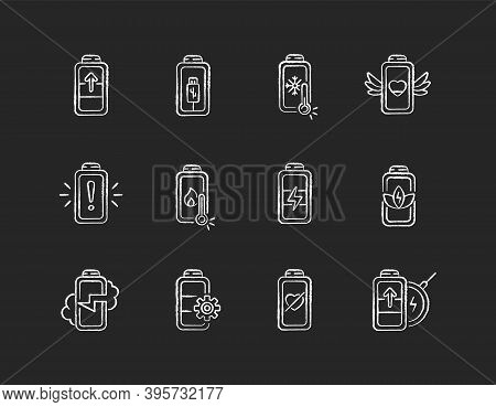 Battery Status Chalk White Icons Set On Black Background. Innovational Charging Process. Using Cable