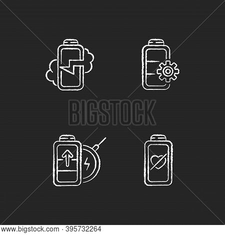 Proper Battery Usage Chalk White Icons Set On Black Background. Device Explosion Posibility. Right F