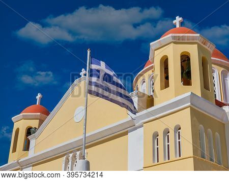 Sitia, Greece - August 13, 2020 - View Of The Famous Church Of Saint Ekaterini (agia Ekaterini) In S