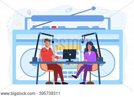 Concept Of Radio Journalism. Mass Media Profession. Journalist Interviewing A Celebrity. Cartoon Fla