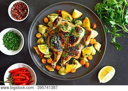 Spatchcocked Grilled Chicken With Vegetables On Plate.  Top View, Flat Lay