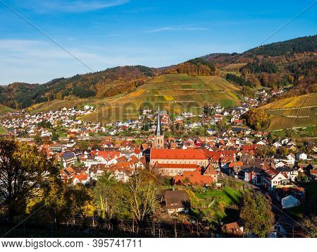 Colorful Landscape Aerial View Of Little Village Kappelrodeck In Black Forest Mountains. Beautiful M