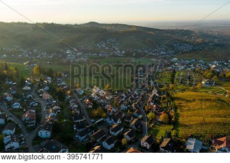 Colorful Landscape Aerial View Of Little Village Kappelrodeck In Black Forest Mountains. Beautiful M
