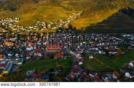 Colorful Landscape Aerial View Of Little Village Kappelrodeck In Black Forest Mountains. Beautiful M