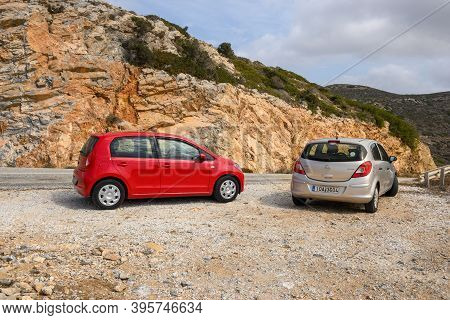 Ios, Greece - September 20, 2020: Opel Corsa And Seat Mii On The Road In The Mountainous Part Of Ios