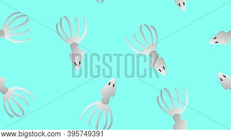 Squid On A Blue Background, Vector Illustration, Pattern. White Squid With Eyes, Seafood. Omega 3, D