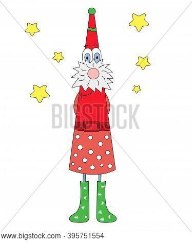 Fantasy Character Christmas Gnome Isolated On White Background. A Cute Gnome In A Red Caftan, A Red 