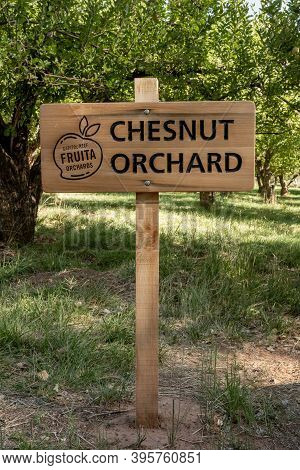 Fruita, United States: August 10, 2020: Chestnut Orchard Sign Marks Grove In Capitol Reef