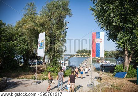 Belgrade, Serbia - June 24, 2017: Pontoon Bridge Over The Danube River Connecting Zemun To The Lido 