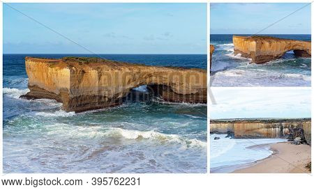 Collage Of The Well-known London Bridge Tourist Destination On The Great Ocean Road In Victoria Aust
