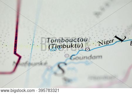 Shallow Depth Of Field Focus On Geographical Map Location Of Timbuktu Tombouctou Desert Mali Africa 
