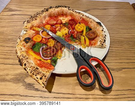Traditional Neapolitan Pizza Cut With Scissors. Classic Original Dough Recipe. Ready To Serve And Ea
