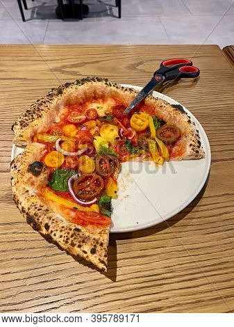 Traditional Neapolitan Pizza Cut With Scissors. Classic Original Dough Recipe. Ready To Serve And Ea