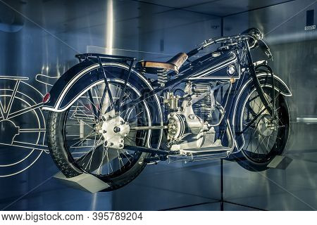 Munich/ Germany - May, 24 2019: Classic Motorcycle Bmw R32 1923  In Bmw Museum/ Bmw Welt. 
The R32 E