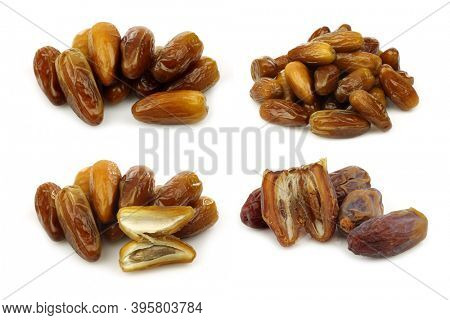 date fruit and some opened ones on a white background