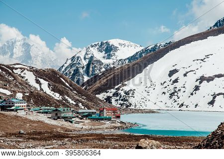 Amazing Blue Gokio Lake Under Ice And Snow, Nepal, Himalayas