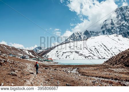 Amazing Blue Gokio Lake Under Ice And Snow, Nepal, Himalayas