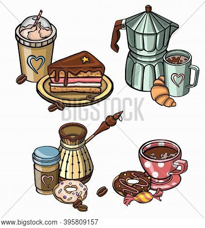 Coffee Service Turka, Croissant, Kettle Set Symbol. Icon