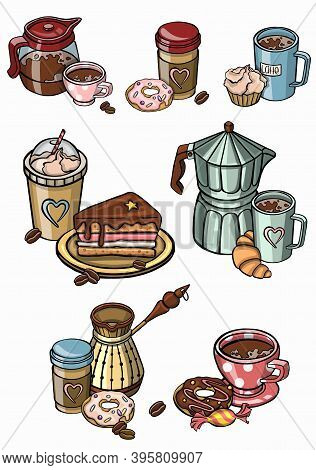 Coffee Service Turka, Croissant, Kettle Set Symbol. Icon