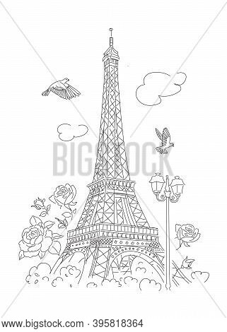 Eiffel Tower In Paris. Linear Drawing. Vector Line Illustration