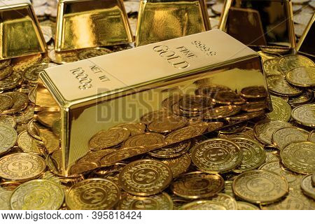 Closeup Shiny Gold Bar 1 Kg On The Stack Gold Coin A Lot Of