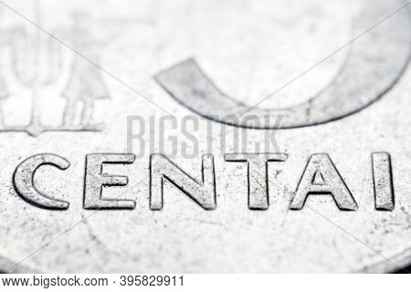 Obsolete Lithuanian 5 Cent Coin Macro Detail With Centai Word. Lithuanian 5 Cent Coin Macro View. Eu