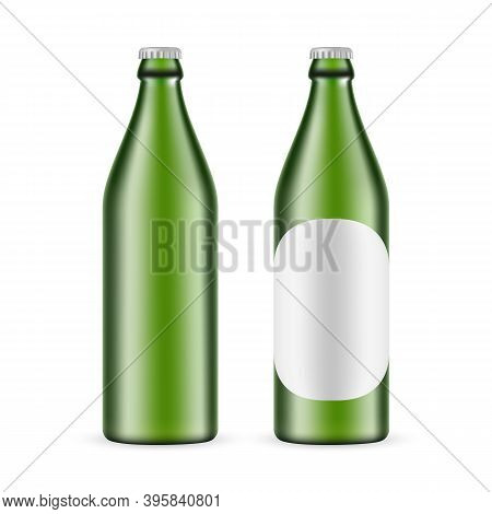 500ml Green Glass Beer Bottle With Label And Blank Mockup Isolated On White Background. Vector Illus