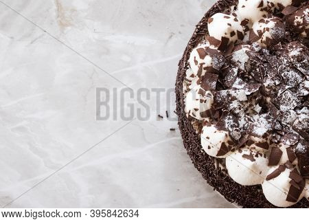Cake Black Forest, Traditional German Cake. Top View With Copy Space