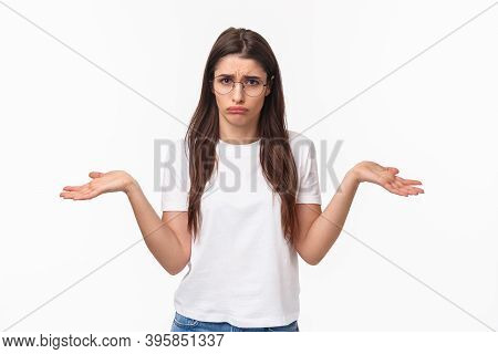 Waist-up Portrait Of Indecisive Distressed, Gloomy Young Woman In Glasses, Cant Deal With Proble, Sh