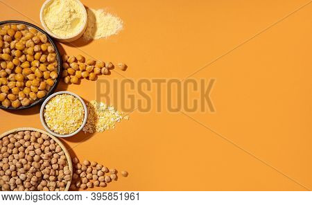 Raw And Cooked Chickpeas, Chickpea Flour And Flakes Ceramic Plate Bowl Isolated On Beige Banner Oran