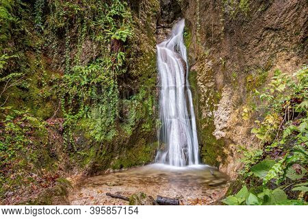 Landscape View Of A Colorful Waterfall And Small Basin At Bottom. Cerinski Vir, Samoborsko Gorje, Cr