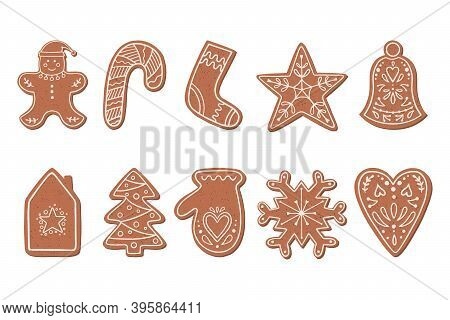 Christmas Gingerbread Cookies In Flat Style Isolated On White Background. Vector Illustration With G