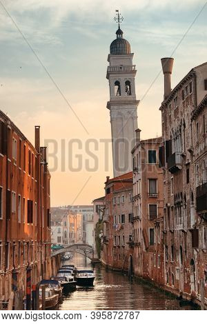 San Giorgio dei Greci church bell tower and Venice canal. Italy.