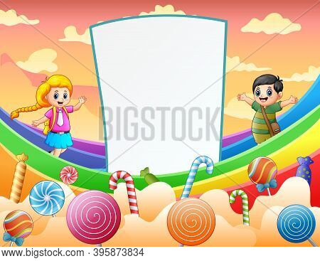 Kid And Blank Sign On Rainbow Illustration