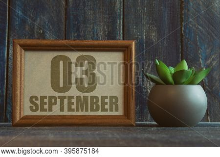 September 3rd. Day 3 Of Month, Date In Frame Next To Succulent On Wooden Background Autumn Month, Da