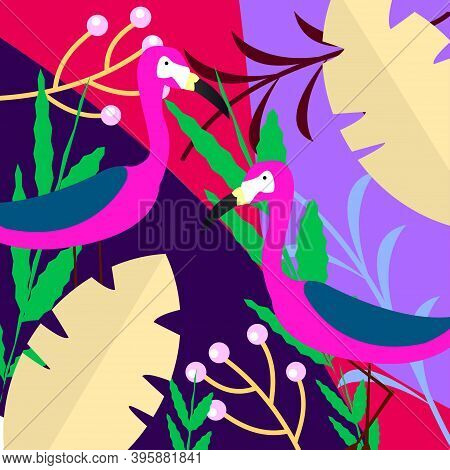 Tropical Jungle Leaves Background With Flamingos. Summer Vector Illustration Design. Flamingo Backgr