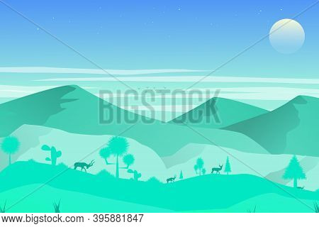 The Background Of The Mountain's Natural Landscape, The Green Hill With The Blue Sky Moon. And A Dee