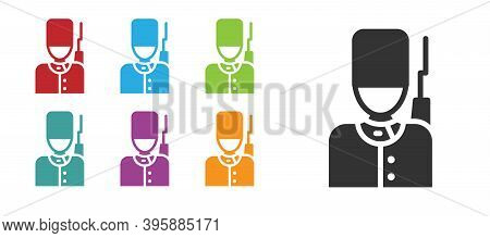 Black British Guardsman With Bearskin Hat Marching Icon Isolated On White Background. Set Icons Colo