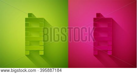 Paper Cut Mahjong Pieces Icon Isolated On Green And Pink Background. Chinese Mahjong Red Dragon Game