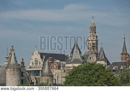 Cityscape Of A Port Of Antwerp In Belgium Over The River.
