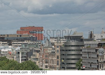 Cityscape Of A Port Of Antwerp In Belgium Over The River.