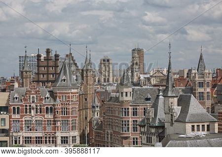 Cityscape Of A Port Of Antwerp In Belgium Over The River.